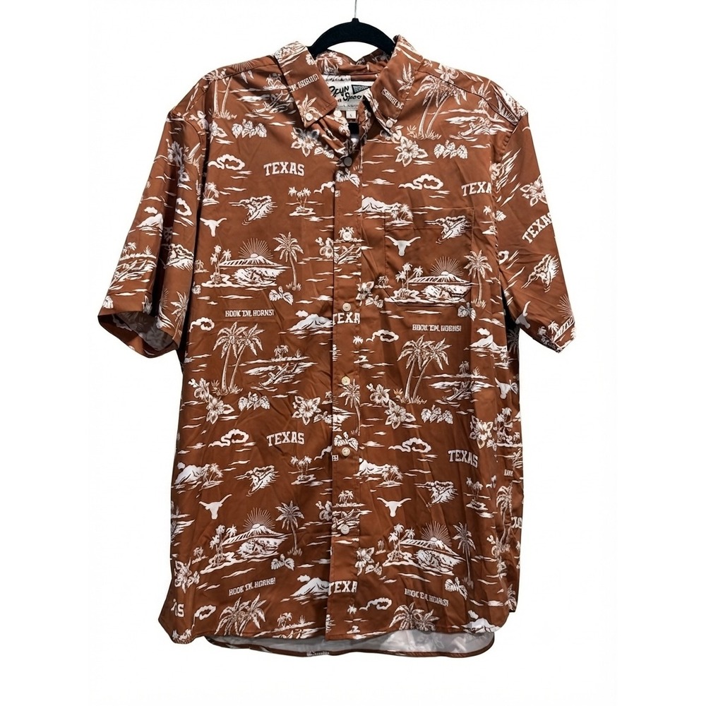 Reyn Spooner University of Texas Longhorns Hawaiian Shirt Mens L Burnt Orange UT